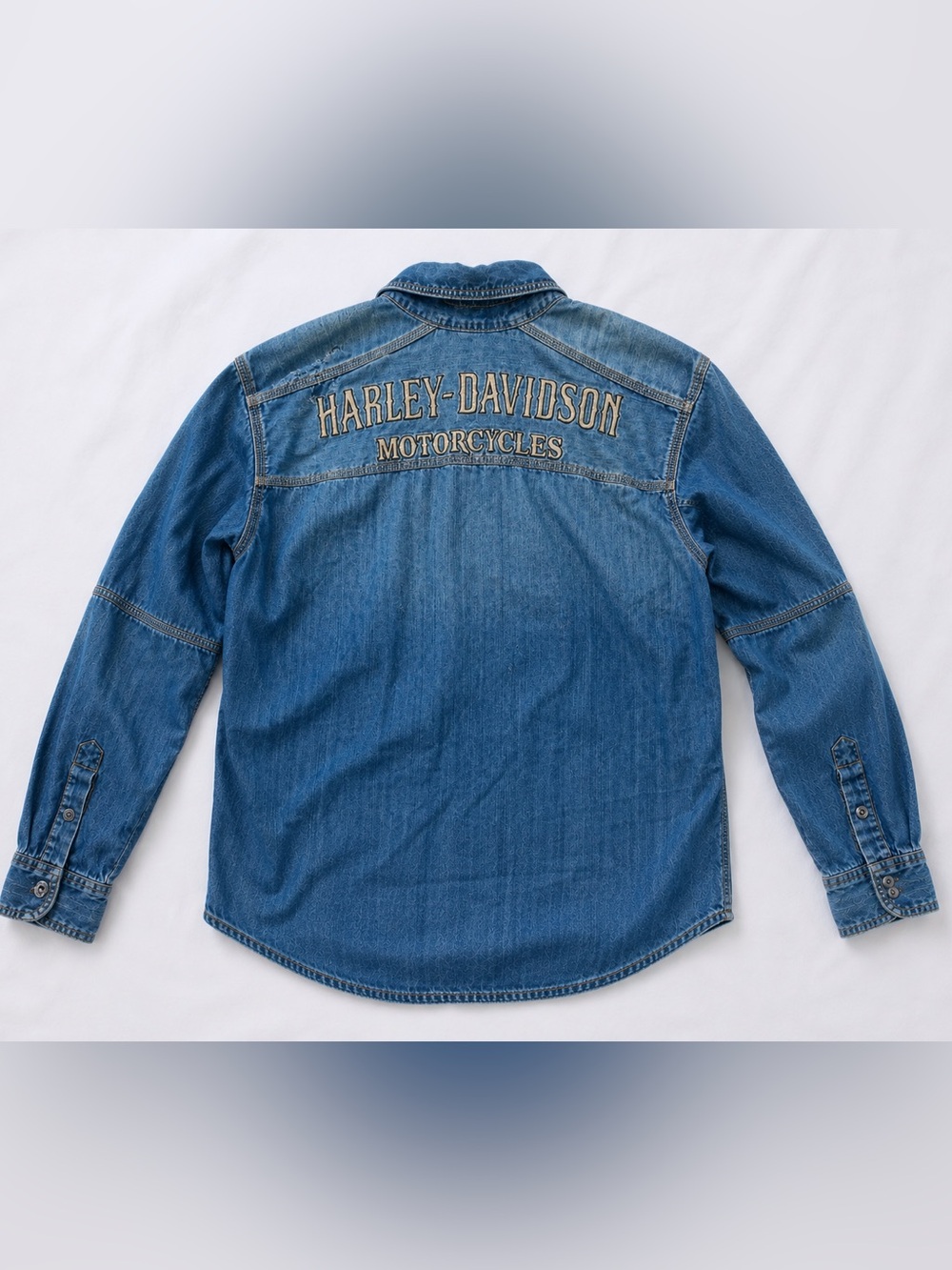 Harley Davidson Denim Snap Shirt XL‎ Embroidered Logo Biker Western Distressed